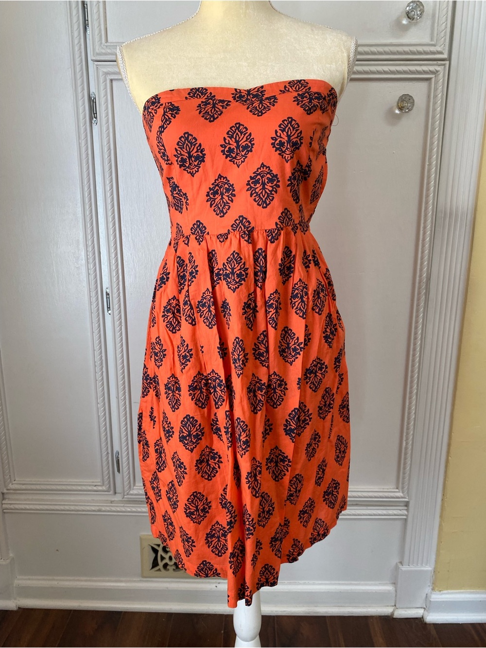 Old Navy Strapless Orange Dress with Navy Print